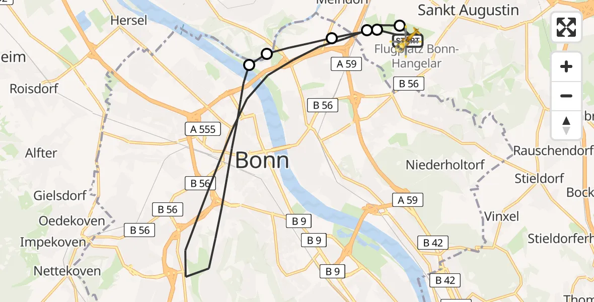 Vluchtroute Ambulancehelikopter Bonn-Hangelar Flugplatz - Bonn-Hangelar Flugplatz, 26 juni 2026, 07:33