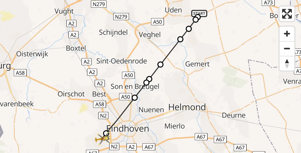 Vluchtroute Traumahelikopter Vliegbasis Volkel - Veldhoven, 26 juni 2026, 08:01