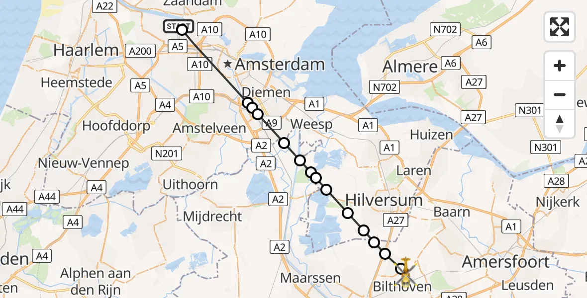 Vluchtroute Traumahelikopter Amsterdam Heliport - Bilthoven, 26 juni 2026, 08:06