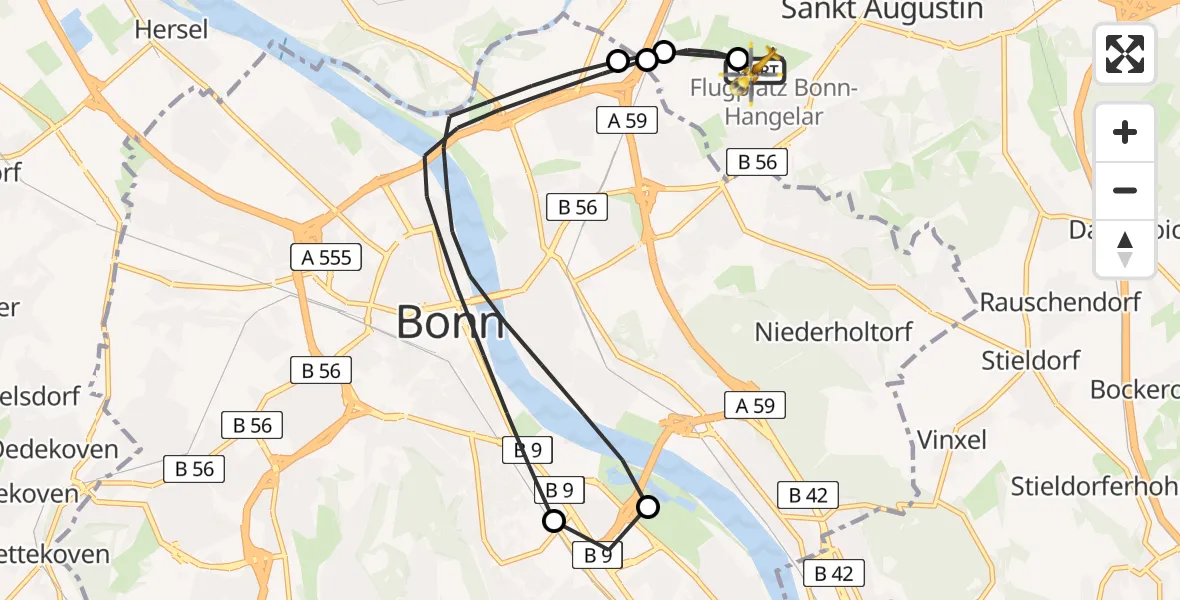 Vluchtroute Ambulancehelikopter Bonn-Hangelar Flugplatz - Bonn-Hangelar Flugplatz, 26 juni 2026, 08:31