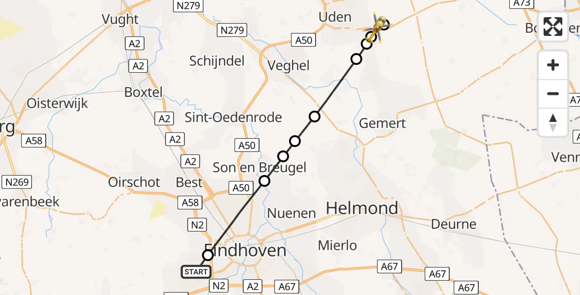 Vluchtroute Traumahelikopter Veldhoven - Volkel, 26 juni 2026, 08:44