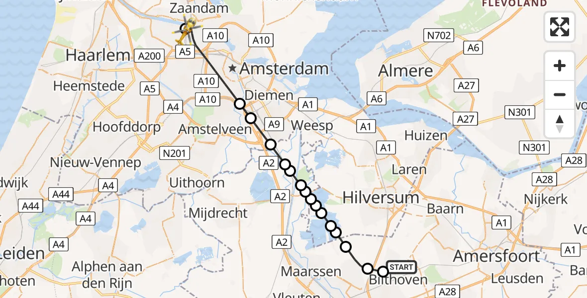 Vluchtroute Traumahelikopter Bilthoven - Amsterdam Heliport, 26 juni 2026, 08:44
