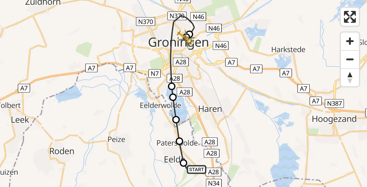 Vluchtroute Traumahelikopter Groningen Airport Eelde - Universitair Medisch Centrum Groningen, 26 juni 2026, 10:49