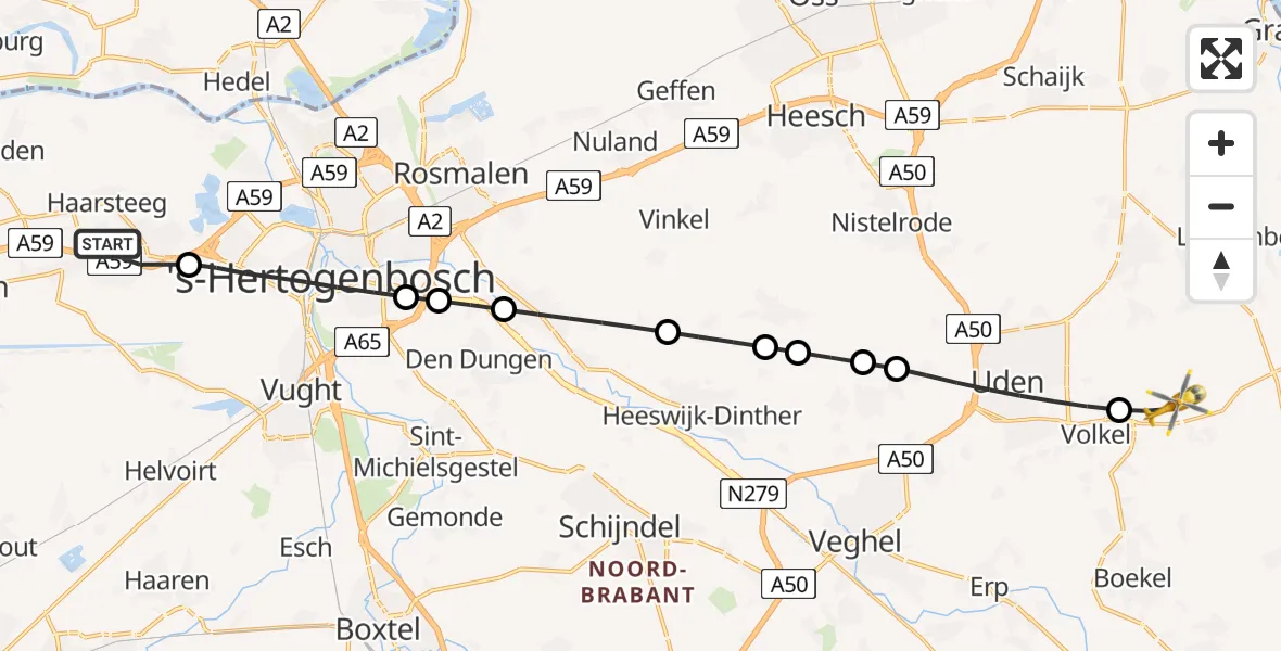 Vluchtroute Traumahelikopter Vlijmen - Vliegbasis Volkel, 26 juni 2026, 15:20