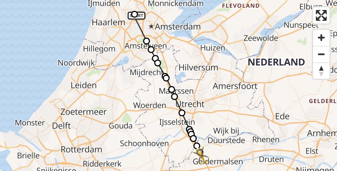 Vluchtroute Traumahelikopter Amsterdam Heliport - Beesd, 26 juni 2026, 16:52