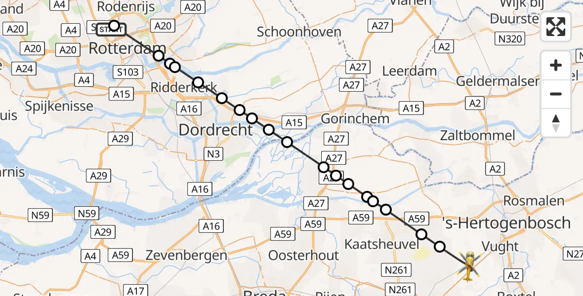 Vluchtroute Traumahelikopter Rotterdam The Hague Airport - Helvoirt, 26 juni 2026, 17:13