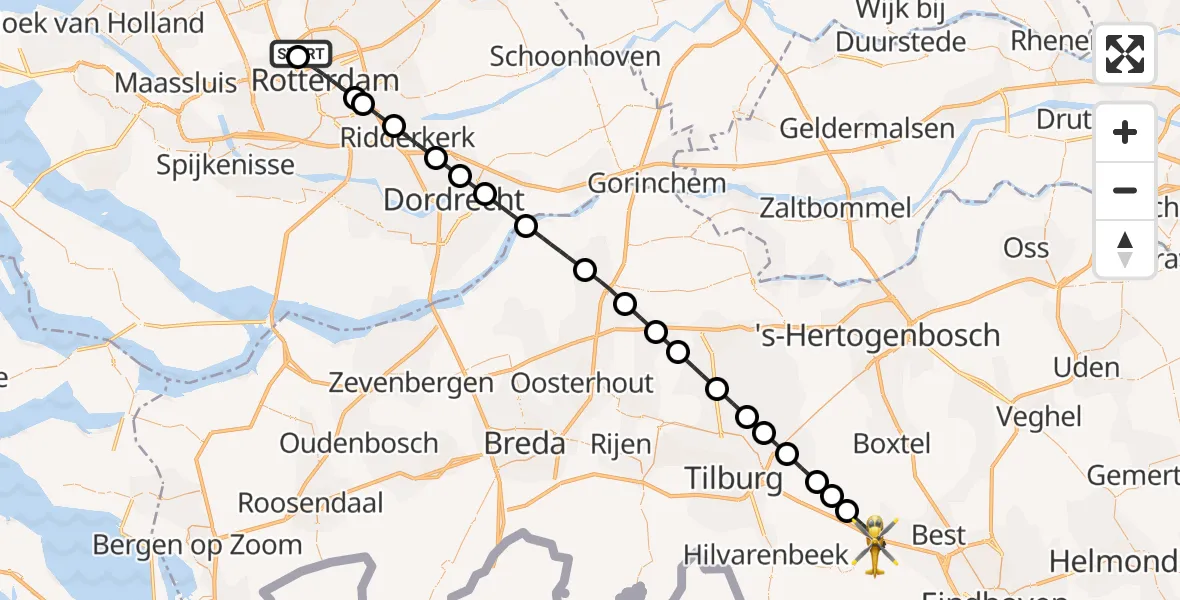 Vluchtroute Traumahelikopter Rotterdam The Hague Airport - Oirschot, 26 juni 2026, 19:02