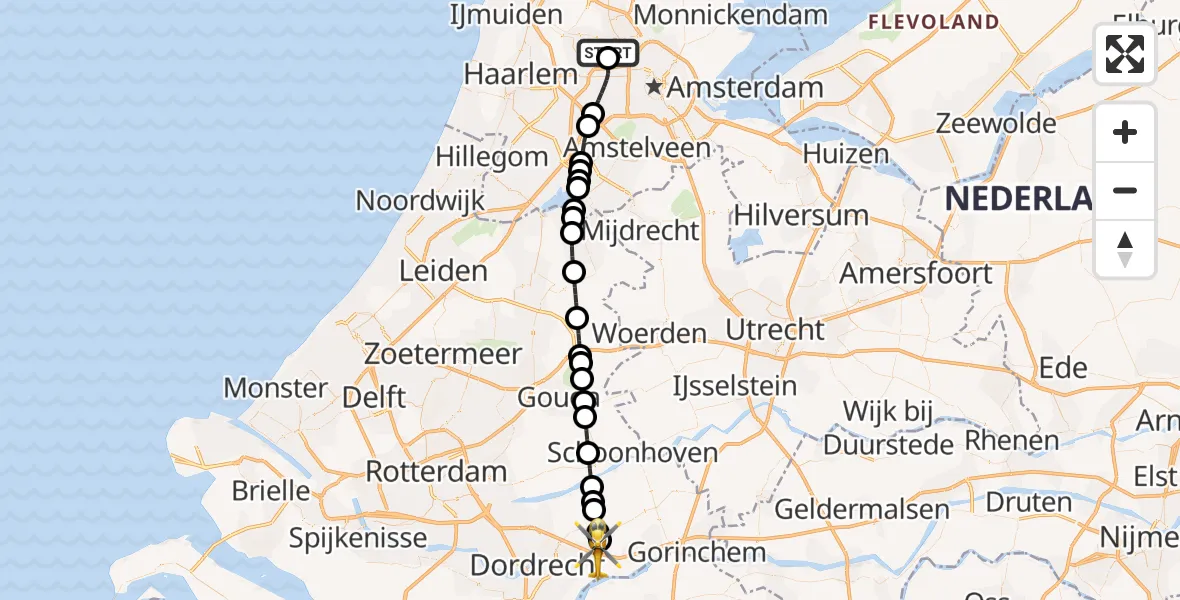 Vluchtroute Traumahelikopter Amsterdam Heliport - Sliedrecht, 26 juni 2026, 20:17