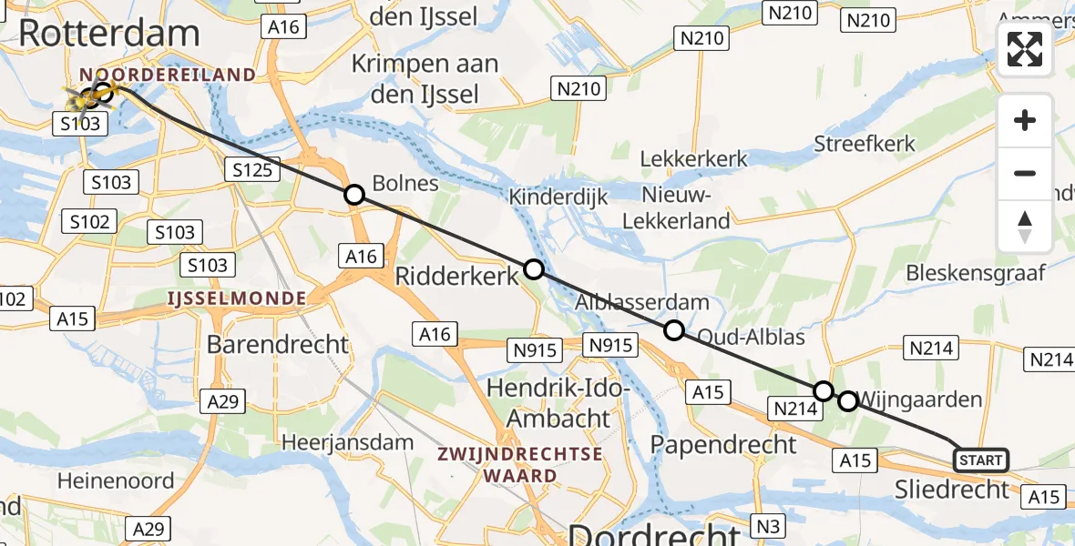 Vluchtroute Traumahelikopter Sliedrecht - Erasmus Medisch Centrum Heliport, 26 juni 2026, 20:56
