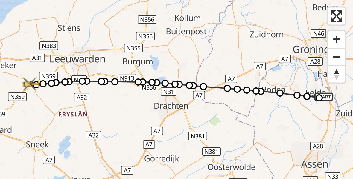 Vluchtroute Traumahelikopter Groningen Airport Eelde - Winsum, 26 juni 2026, 21:23