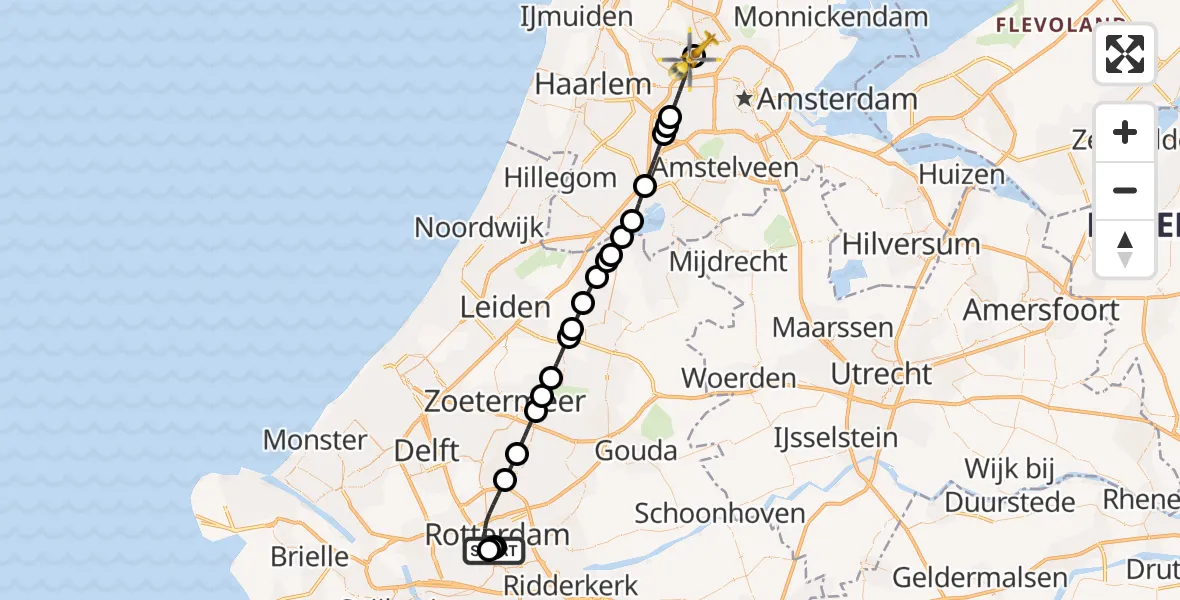 Vluchtroute Traumahelikopter Leids Universitair Medisch Centrum (LUMC) - Amsterdam Heliport, 26 juni 2026, 21:26