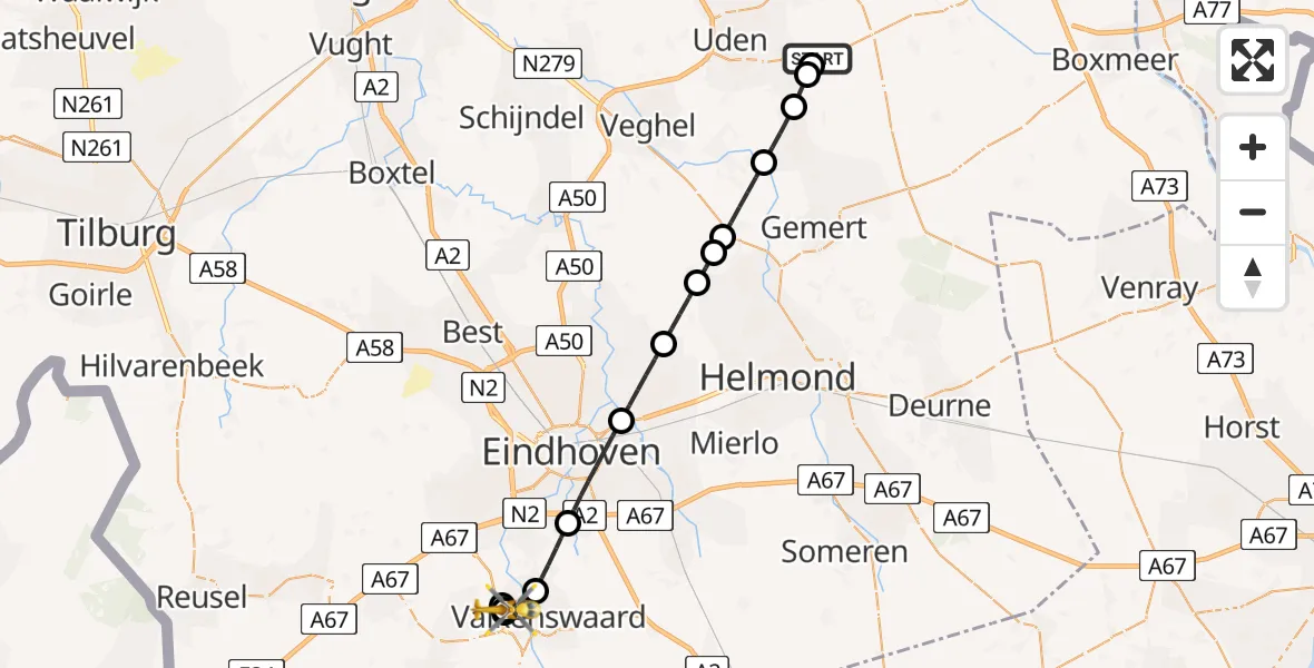 Vluchtroute Traumahelikopter Vliegbasis Volkel - Valkenswaard, 26 juni 2026, 21:44