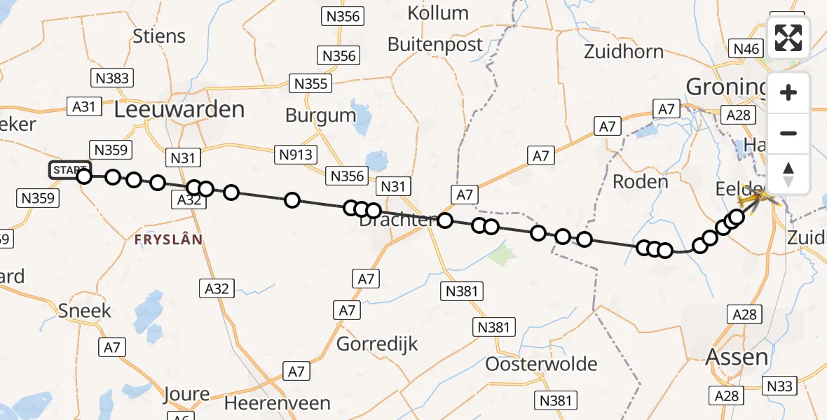 Vluchtroute Traumahelikopter Winsum - Groningen Airport Eelde, 26 juni 2026, 22:02