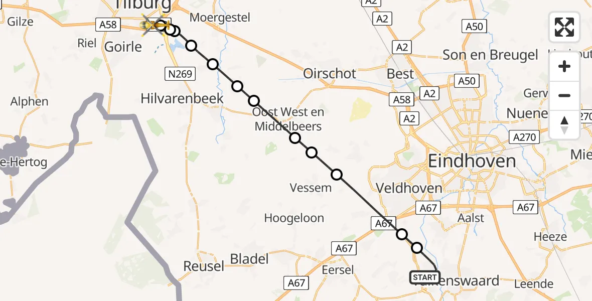 Vluchtroute Traumahelikopter Valkenswaard - St. Elisabeth Hospital Heliport, 26 juni 2026, 22:46
