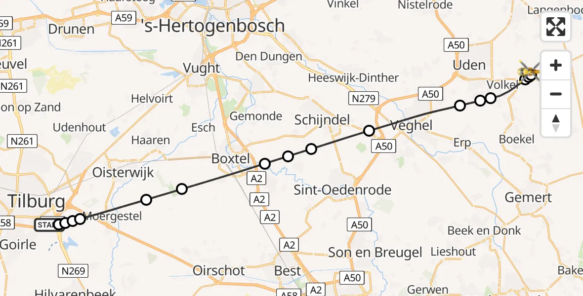 Vluchtroute Traumahelikopter St. Elisabeth Hospital Heliport - Vliegbasis Volkel, 26 juni 2026, 23:19