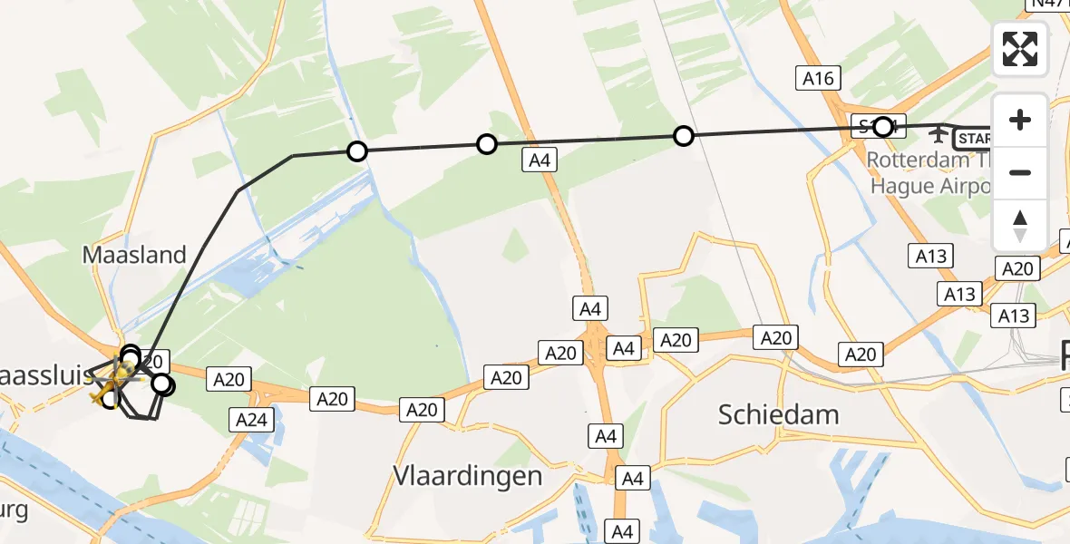 Vluchtroute Traumahelikopter Rotterdam The Hague Airport - Maassluis, 26 juni 2026, 23:33