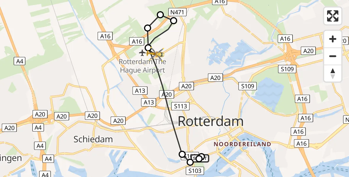 Vluchtroute Traumahelikopter Erasmus MC - Rotterdam The Hague Airport, 27 juni 2026, 00:47