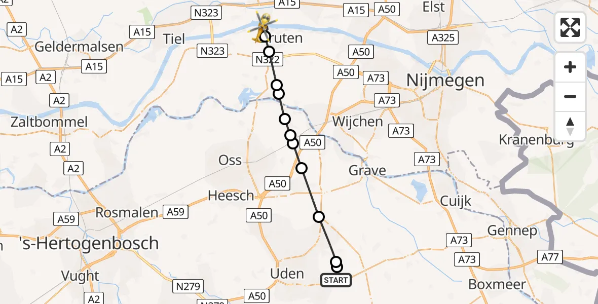 Vluchtroute Traumahelikopter Vliegbasis Volkel - Druten, 27 juni 2026, 02:30