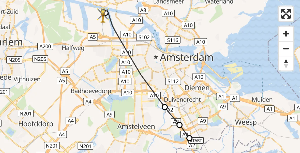 Vluchtroute Traumahelikopter Amsterdam UMC Helipad - Amsterdam Heliport, 27 juni 2026, 02:37