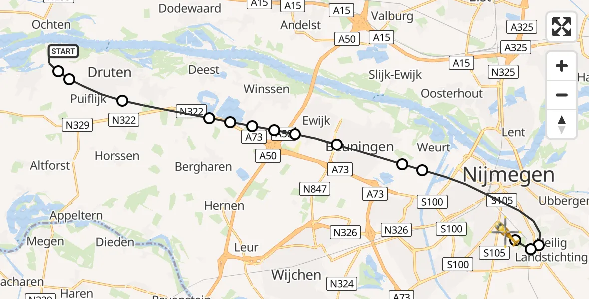 Vluchtroute Traumahelikopter Druten - Radboud University Medical Center Heliport, 27 juni 2026, 03:13