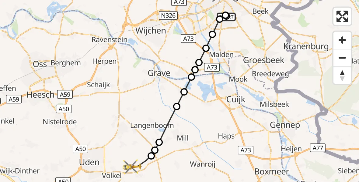 Vluchtroute Traumahelikopter Radboud Universitair Medisch Centrum - Vliegbasis Volkel, 27 juni 2026, 03:50