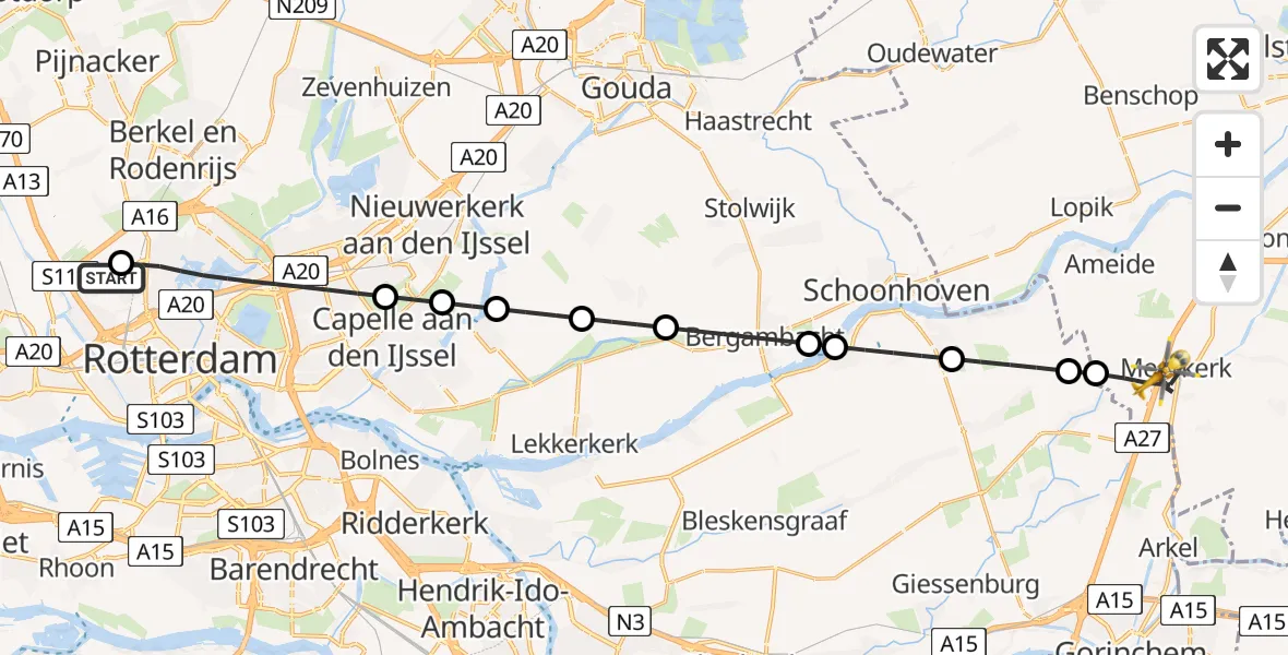 Vluchtroute Traumahelikopter Rotterdam The Hague Airport - Meerkerk, 27 juni 2026, 05:31