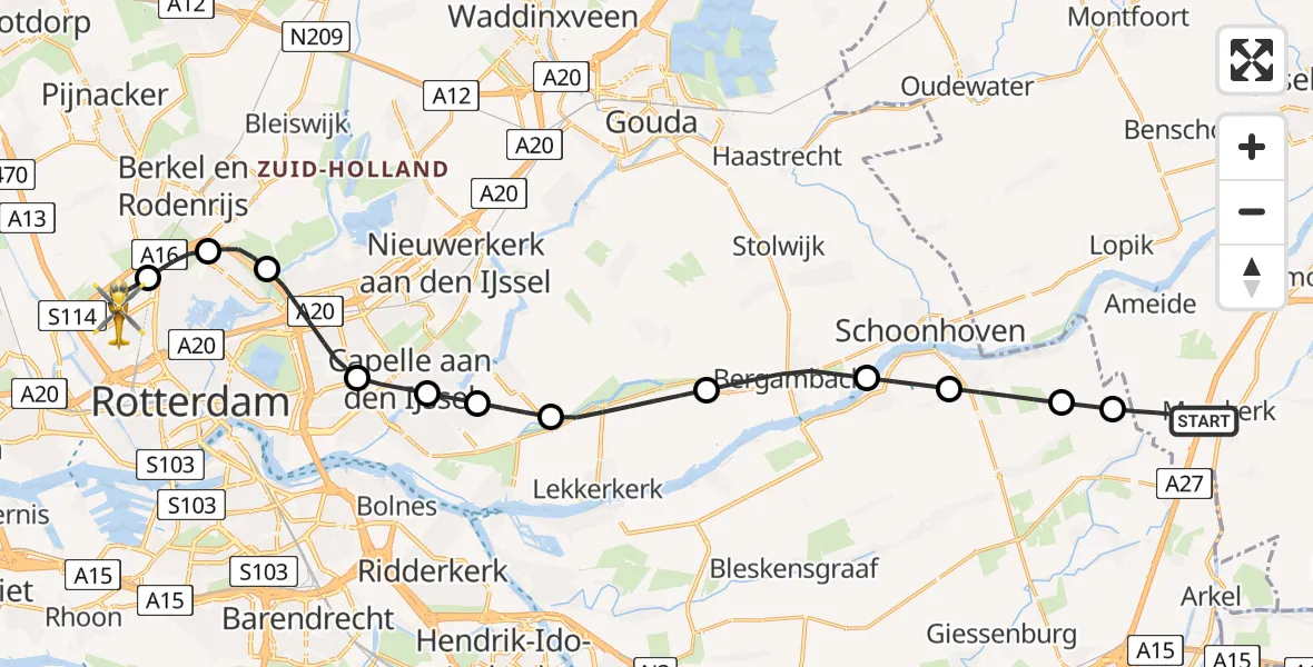 Vluchtroute Traumahelikopter Meerkerk - Rotterdam The Hague Airport, 27 juni 2026, 06:33