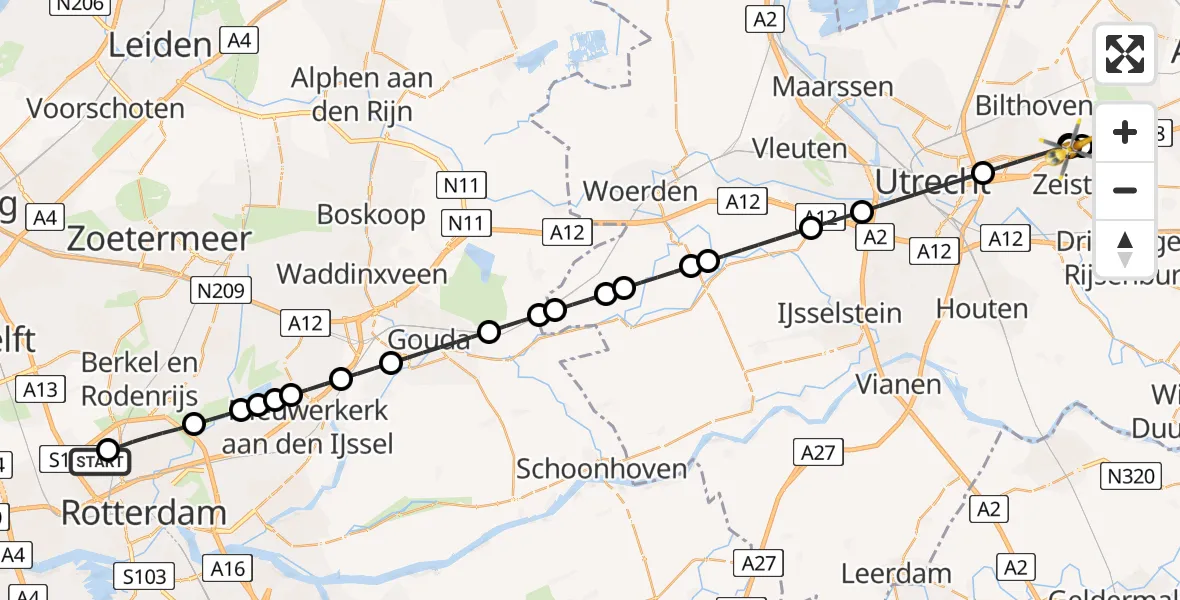 Vluchtroute Traumahelikopter Rotterdam The Hague Airport - Zeist, 27 juni 2026, 07:31
