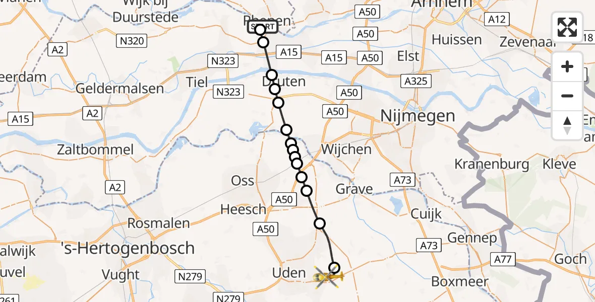 Vluchtroute Traumahelikopter Rhenen - Vliegbasis Volkel, 27 juni 2026, 08:09