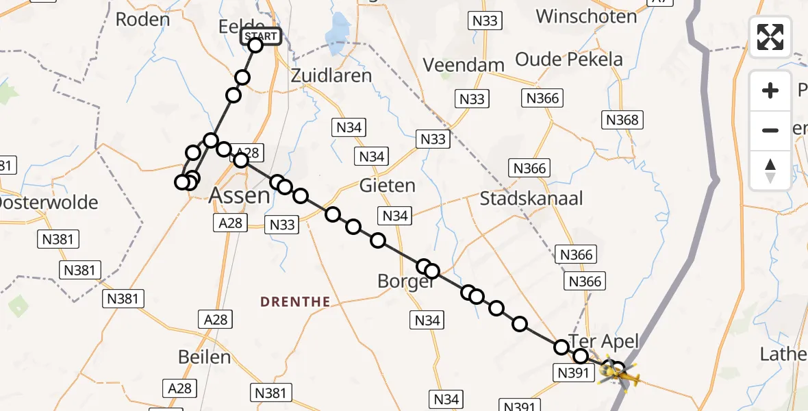 Vluchtroute Traumahelikopter Groningen Airport Eelde - Haren (Ems), 27 juni 2026, 09:03