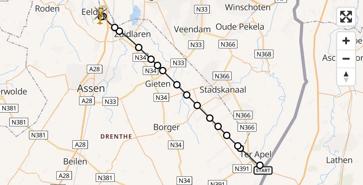 Vluchtroute Traumahelikopter Haren (Ems) - Groningen Airport Eelde, 27 juni 2026, 09:59