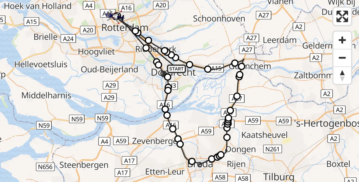 Vluchtroute Politiehelikopter Papendrecht - Rotterdam The Hague Airport, 27 juni 2026, 10:36