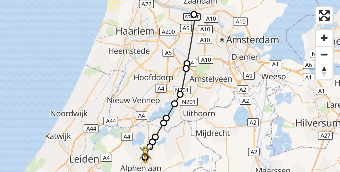 Vluchtroute Traumahelikopter Amsterdam Heliport - Woubrugge, 27 juni 2026, 12:06