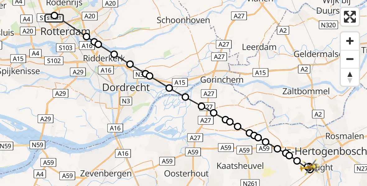 Vluchtroute Traumahelikopter Rotterdam The Hague Airport - Cromvoirt, 27 juni 2026, 12:10