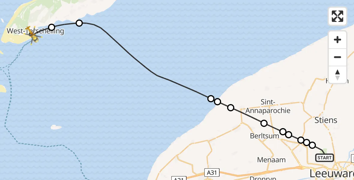 Vluchtroute Ambulancehelikopter Vliegbasis Leeuwarden - West-Terschelling, 27 juni 2026, 13:01
