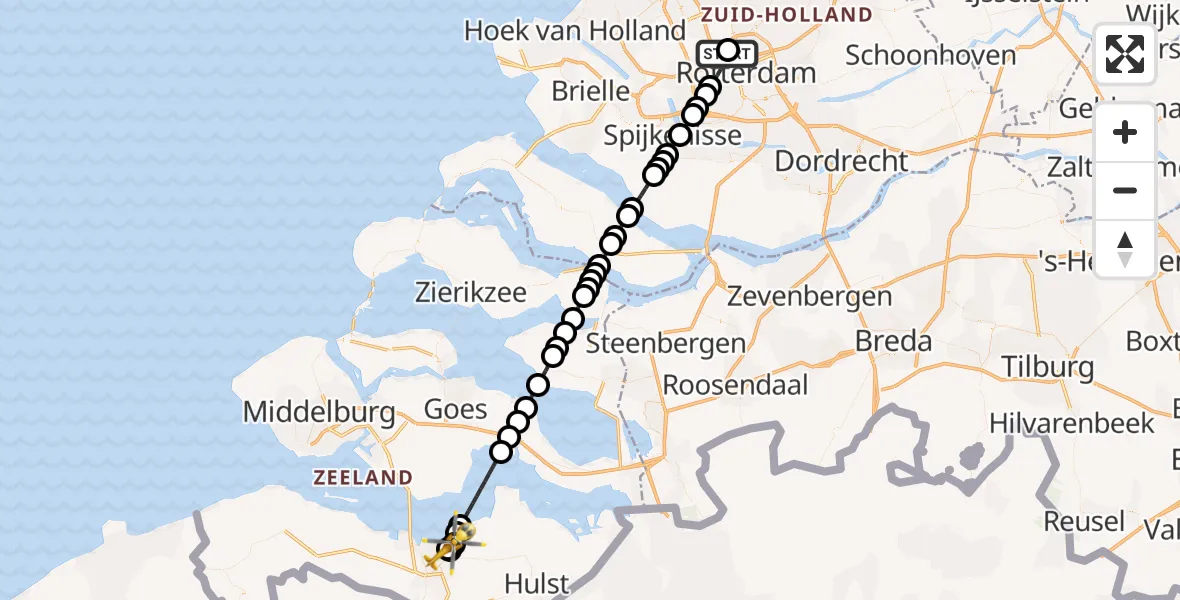 Vluchtroute Traumahelikopter Rotterdam The Hague Airport - Terneuzen, 27 juni 2026, 14:33