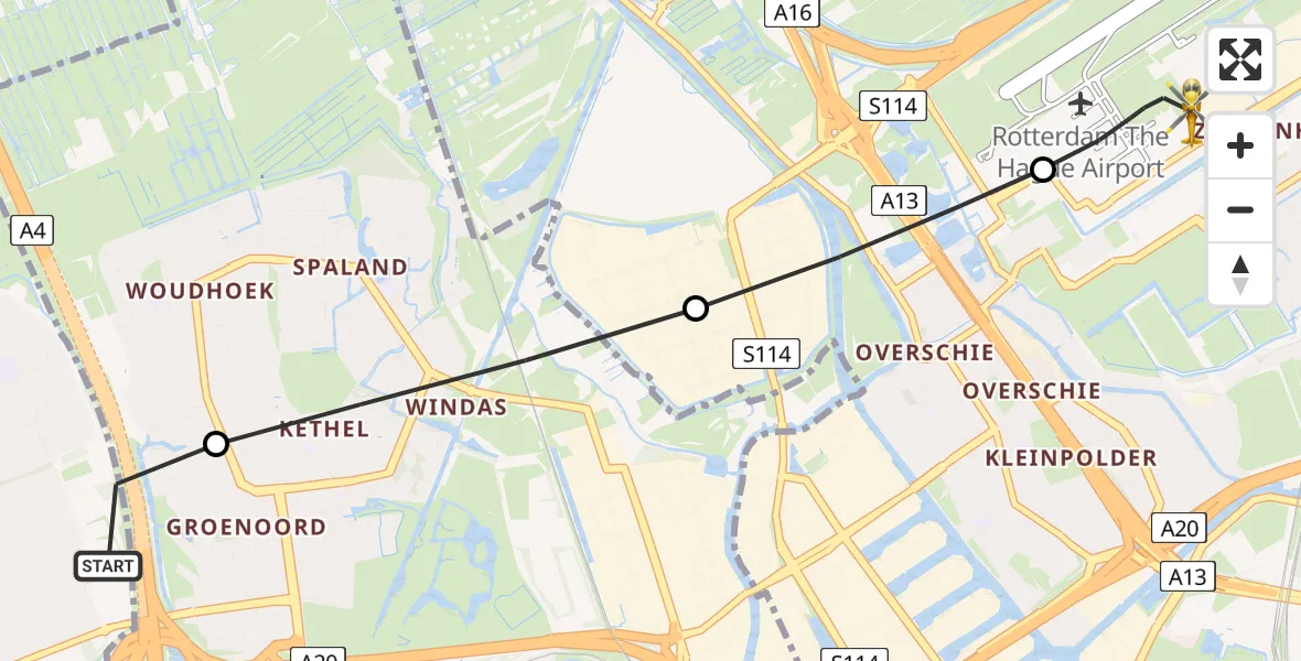 Vluchtroute Traumahelikopter Vlaardingen - Rotterdam The Hague Airport, 27 juni 2026, 18:03
