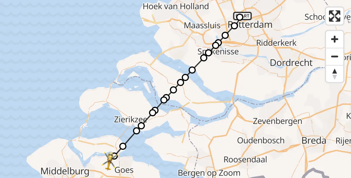 Vluchtroute Traumahelikopter Rotterdam The Hague Airport - Wolphaartsdijk, 27 juni 2026, 20:58