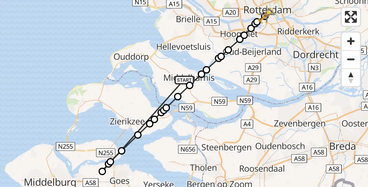 Vluchtroute Traumahelikopter Sommelsdijk - Erasmus MC, 27 juni 2026, 21:57
