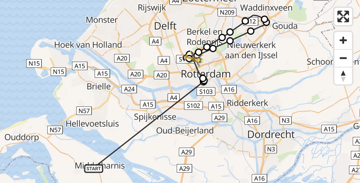 Vluchtroute Traumahelikopter Sommelsdijk - Rotterdam The Hague Airport, 27 juni 2026, 22:53