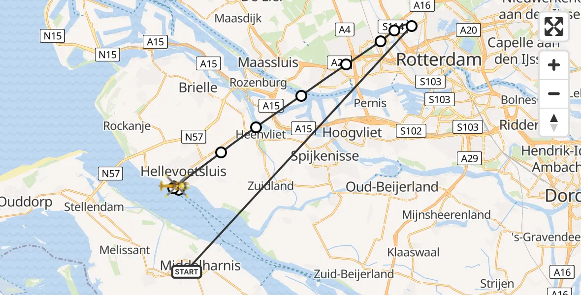 Vluchtroute Traumahelikopter Sommelsdijk - Hellevoetsluis, 28 juni 2026, 00:17