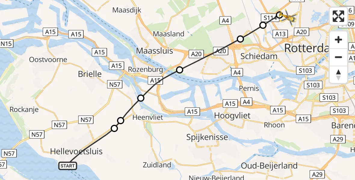 Vluchtroute Traumahelikopter Hellevoetsluis - Rotterdam The Hague Airport, 28 juni 2026, 00:58