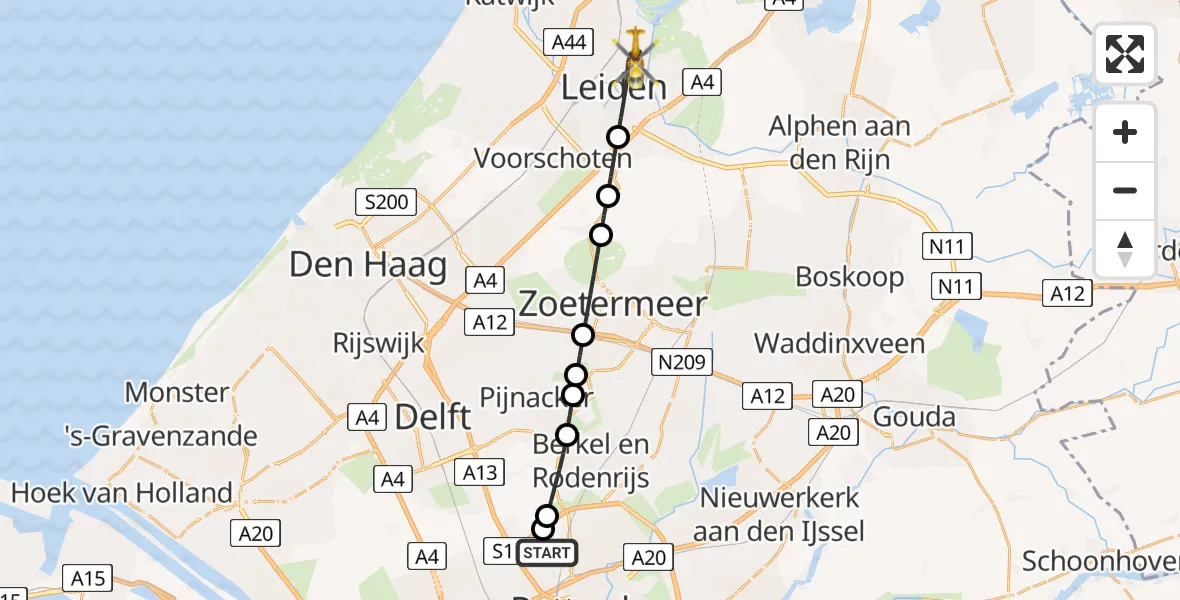 Vluchtroute Traumahelikopter Rotterdam The Hague Airport - Leiden, 28 juni 2026, 06:31