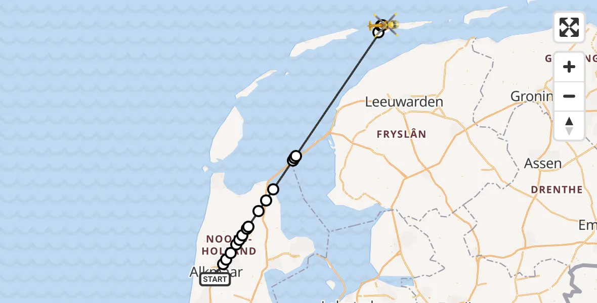Vluchtroute Ambulancehelikopter Alkmaar - Ameland Vliegveld Ballum, 28 juni 2026, 07:33