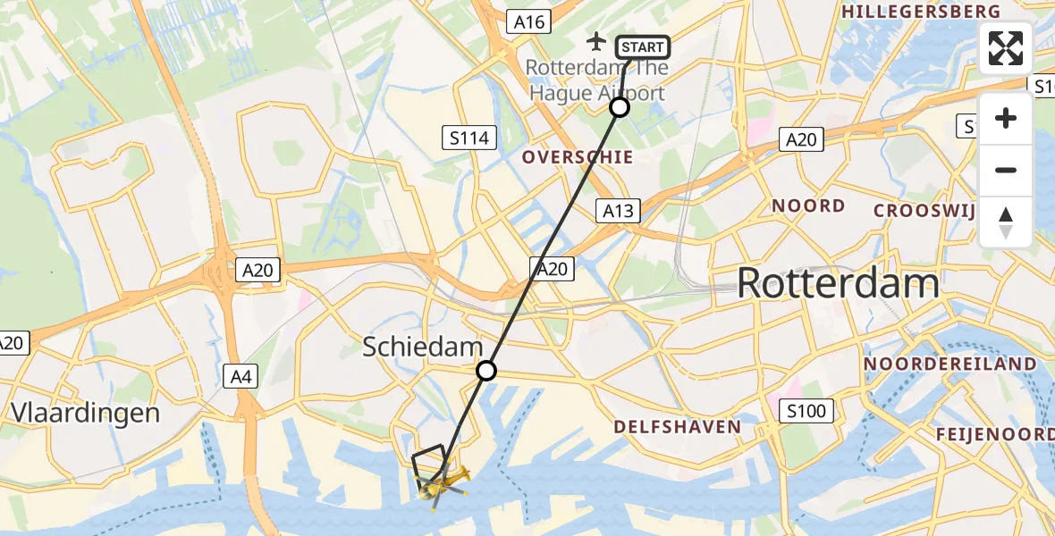 Vluchtroute Traumahelikopter Rotterdam The Hague Airport - Schiedam, 28 juni 2026, 07:41