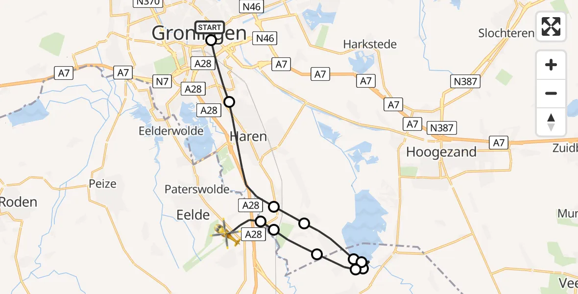 Vluchtroute Ambulancehelikopter Universitair Medisch Centrum Groningen - Groningen Airport Eelde, 28 juni 2026, 09:05