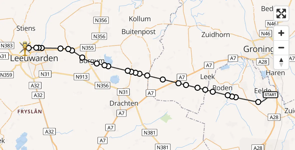 Vluchtroute Ambulancehelikopter Groningen Airport Eelde - Vliegbasis Leeuwarden, 28 juni 2026, 10:10
