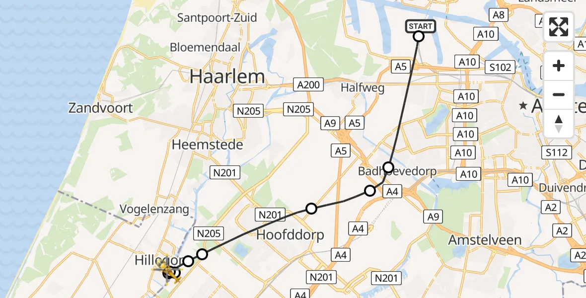 Vluchtroute Traumahelikopter Amsterdam Heliport - Hillegom, 28 juni 2026, 12:06