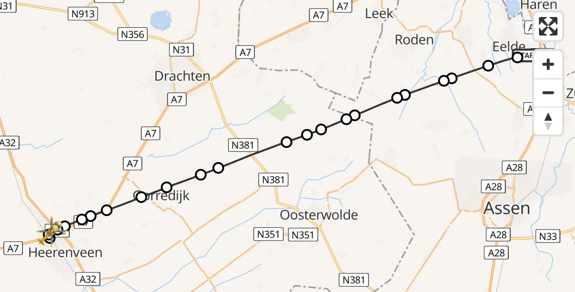 Vluchtroute Traumahelikopter Groningen Airport Eelde - Heerenveen, 28 juni 2026, 15:30