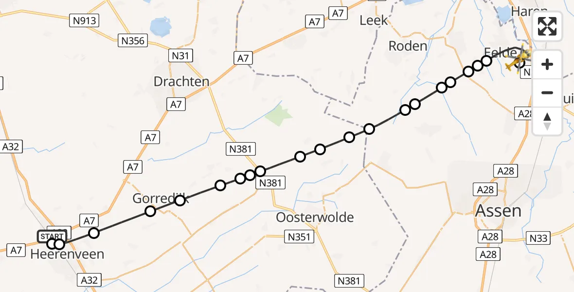 Vluchtroute Traumahelikopter Heerenveen - Groningen Airport Eelde, 28 juni 2026, 16:23